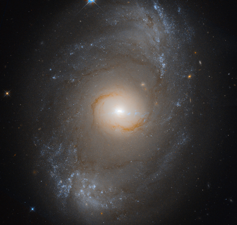 The brightly glowing bar portion of NGC 4151 as seen by Hubble. It is a Seyfert galaxy, which means that it has an actively accreting black hole at its nucleus, which presents itself to us as an intensely bright source. The two brighter portions near the top and bottom of the frame are where the bar terminates, and some fainter spiral arms extend outward from them.